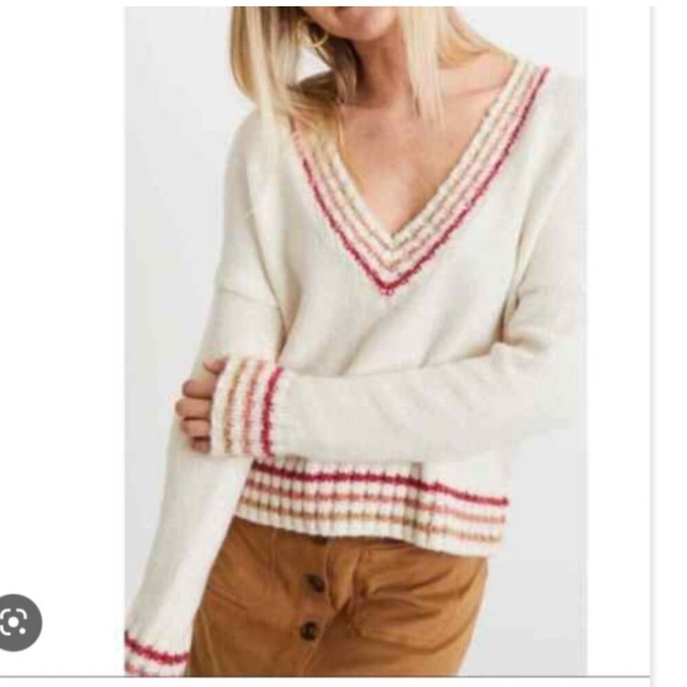 Marine Layer Women  Adalyn V Neck Sweater L Varsity Stripe Preppy Tenniscore